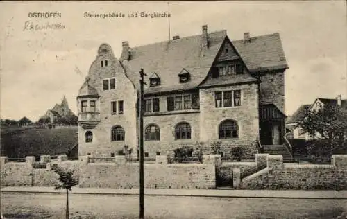 Ak Osthofen in Rheinhessen, Steuergebäude und Bergkirche