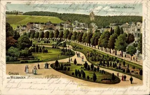 Litho Wiesbaden in Hessen, Nerothal und Neroberg, Passanten im Park