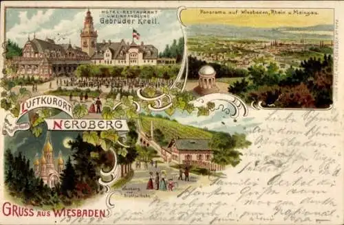 Mondschein Litho Wiesbaden in Hessen, Neroberg, Griechische Kapelle, Weinburg, Drahtseilbahn