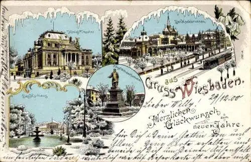 Litho Wiesbaden in Hessen, Kochbrunnen, Theater, Denkmal, Kurhaus