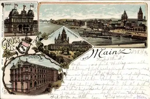 Litho Mainz in Rheinland Pfalz, Bahnhof, Dom, Gutenbergdenkmal, Kurfürstl. Schloss mit Museum, Stadt