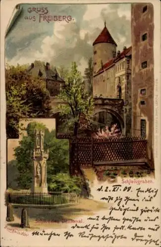 Künstler Litho Spindler, Erwin, Freiberg in Sachsen, Schlossgraben, Schwedendenkmal