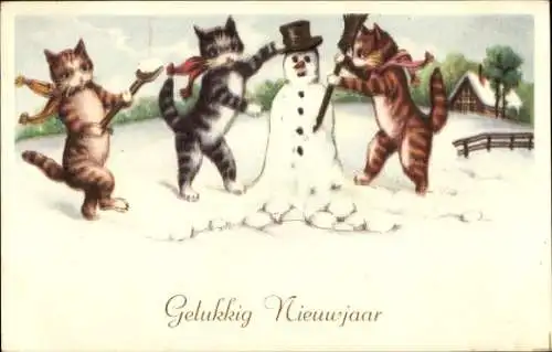 Ak Glückwunsch Neujahr, Katzen bauen einen Schneemann