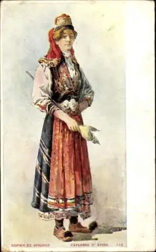 Litho Frau in griechischer Tracht, Standportrait