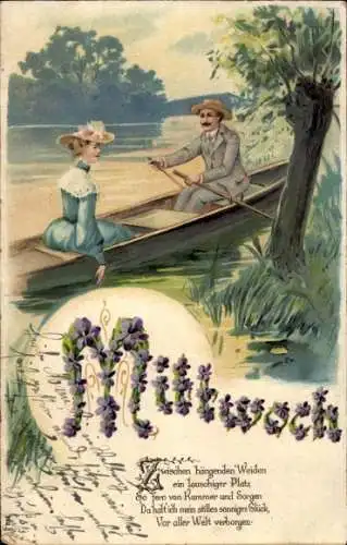 Präge Litho Allegorie, Mittwoch, Liebespaar im Ruderboot, See, Wochentag