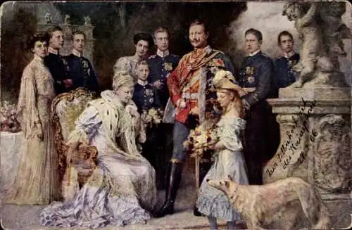 Künstler Ak Keller, F., Kaiserhaus, Wilhelm II, Kaiserin Auguste Viktoria, Kronprinz, Windhund