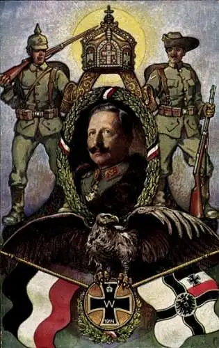 Künstler Ak Kaiser Wilhelm II., Kolonialkriegerdank, Soldaten, Fahnen, Adler