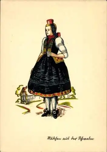 Künstler Ak Mädchen aus der Schwalm, schwarzes Kleid mit Hütchen