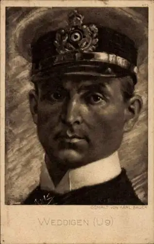 Künstler Ak Bauer, Karl, Kapitänleutnant Otto Weddingen, U 9, Portrait