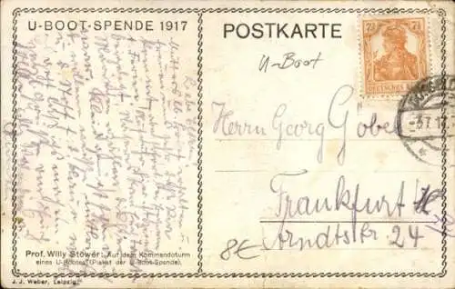 Künstler Ak Stöwer, Willy, Deutsches U Boot, Unterseeboot, Kaiserliche Marine, U-Boot-Spende 1917