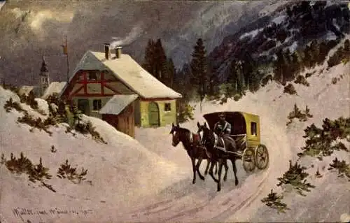 Künstler Ak Müller, August, Postkutsche im Winter, Ortschaft verlassend