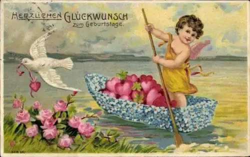 Präge Ak Engel im Ruderboot, Blumen, Taube, Rosen