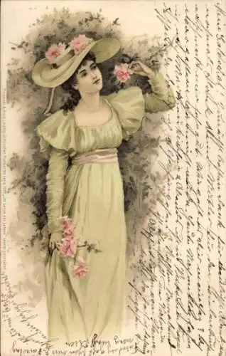 Litho Frau in grünem Kleid, Hut, Rosen, Garten