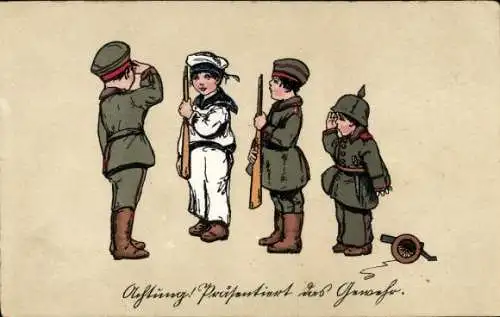 Litho Achtung, Präsentiert das Gewehr, Kinder in Uniform, Spitzhut, Kanone