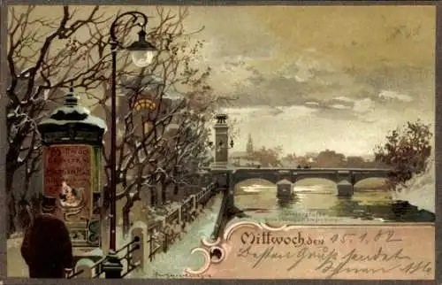 Künstler Ak Guggenberger, Thomas, Mittwoch, Allegorie, Brücke im Winter, Litfaßsäule