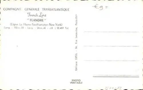 Ak CGT Dampfer Flandre, Compagnie Générale Transatlantique, French Line