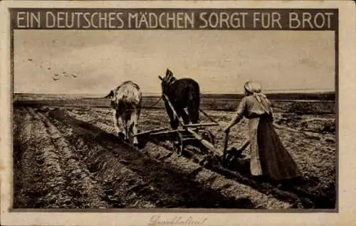 Ak Durchhalten, ein deutsches Mädchen sorgt für Brot, Pferdepflug, Feld