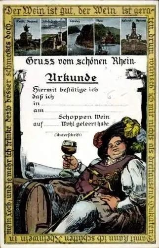 Ak Gruß vom schönen Rhein, Urkunde, Der Wein ist gut