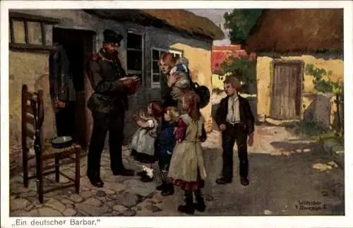 Künstler Ak Roegge, Wilhelm, Ein deutscher Barbar, Soldat, Mutter mit Kindern