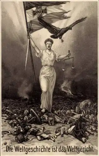 Ak Die Weltgeschichte ist das Weltgericht, Justitia auf dem Schlachtfeld, 1. WK