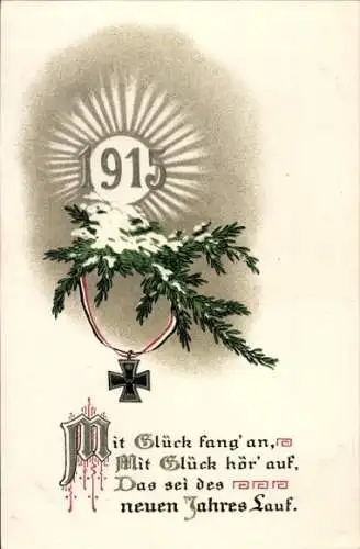 Ak Glückwunsch, Neujahr, 1915, Eisernes Kreuz, Tannenzweig