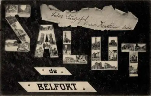 Ak Belfort Beffert Beffort Territoire de Belfort, Buchstaben, Rathaus, Kirchen, Straßen, Gebäude