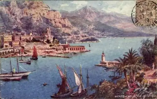 Ak Monte Carlo Monaco, Gesamtansicht, Leuchtturm, Segelboote, Schiffe