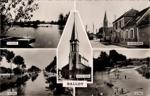 Ak Balloy Seine-et-Marne, Rue des Richards, Kirche, Strand, Kanal