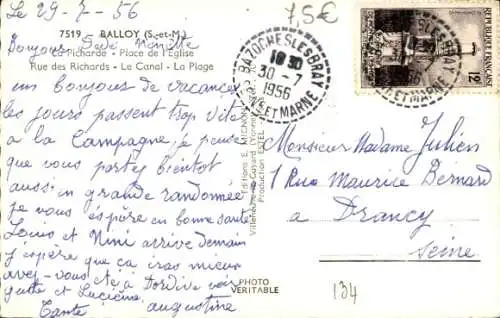 Ak Balloy Seine-et-Marne, Rue des Richards, Kirche, Strand, Kanal