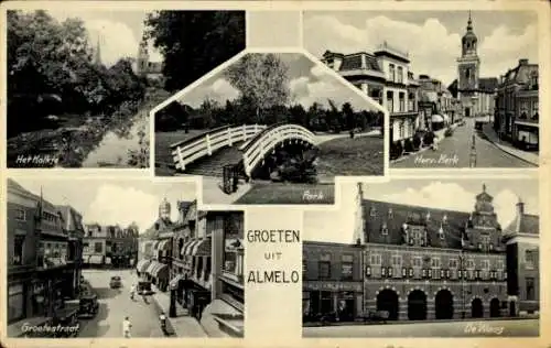 Ak Almelo Overijssel Niederlande, Park, Kirche, De Waag, Het Kolk