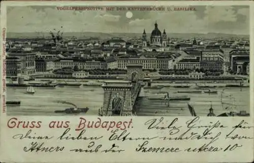 Mondschein Litho Budapest Ungarn, Kettenbrücke, Basilika, Vogelperspektive