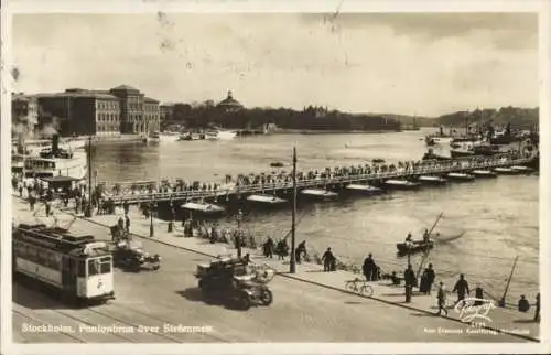 Ak Stockholm Schweden, Pontonbron över Strömmen, Straßenbahn