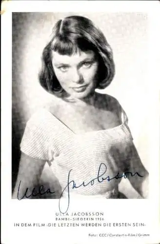 Ak Schauspielerin Ulla Jacobsson, Bambi Siegerin 1956, Die Letzten werden die Ersten sein, Autogramm