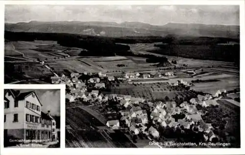 Ak Bleichstetten St. Johann in Württemberg, Fliegeraufnahme, Geschäftshaus Ernst Spohn