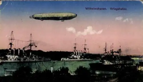 Ak Wilhelmshaven, Zeppelin über dem Kriegshafen