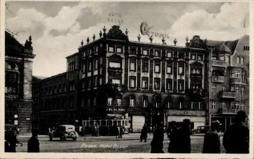 Ak Poznań Posen, Hotel Bazar, Octomil Reklameschild, Straßenbahn, J. Wleklinski Bazar Poznanski