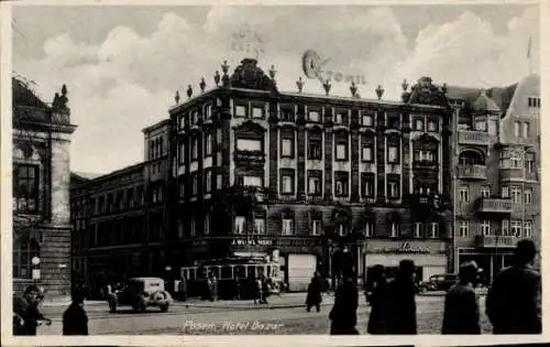 Ak Poznań Posen, Hotel Bazar, Octomil Reklameschild, Straßenbahn, J. Wleklinski Bazar Poznanski