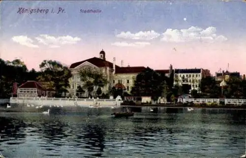 Ak Kaliningrad Königsberg Ostpreußen, Blick vom Wasser zur Stadthalle