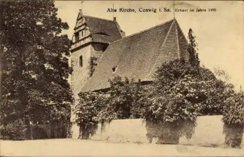 Ak Coswig in Sachsen, alte Kirche, erbaut 1495, Giebel