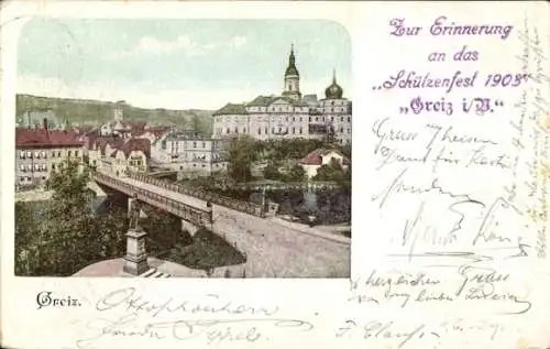 Ak Greiz im Vogtland Thüringen, Teilansicht, Brücke, Schützenfest 1903