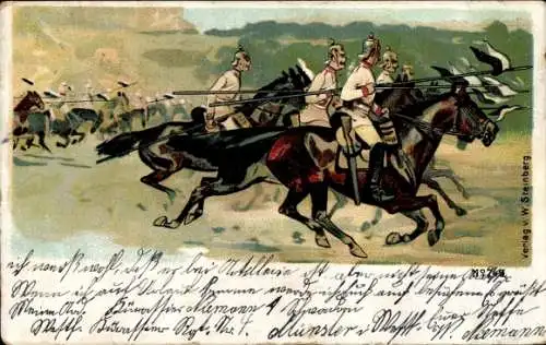 Litho Deutsche Kavallerie reitet zum Angriff, Fahne