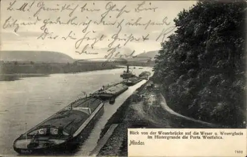 Ak Minden in Westfalen, Blick von der Weserbrücke, Weserglacis, Schleppzug, Porta Westfalica