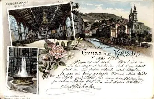 Litho Karlovy Vary Karlsbad Stadt, Sprudel, Sprudelcolonnade