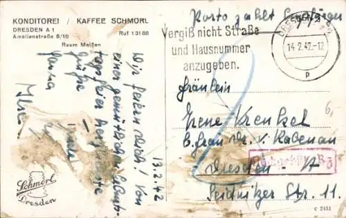 Ak Dresden Altstadt, Konditorei Kaffee Schmorl, Amalienstraße 8/10, Raum Meißen