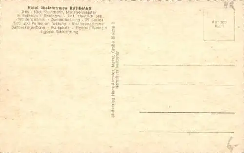 Ak Mittelheim Oestrich Winkel am Rhein Rheingau, Hotel Rheinterrasse Ruthmann, Gastraum, Terrasse