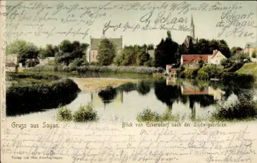 Ak Żagań Sagan Schlesien, Blick von Eckersdorf zur Ludwigsbrücke