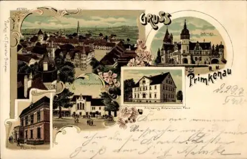 Litho Przemków Primkenau Niederschlesien, Schloss, Schützenhaus, Post, Schleswig Holsteinsches Haus