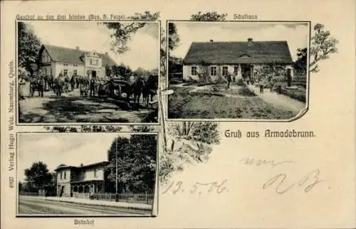 Ak Studzianka Armadebrunn in Schlesien, Gasthof zu den drei Linden, Schulhaus, Bahnhof