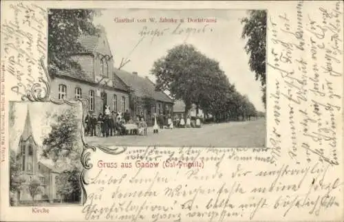 Ak Gadow Wittstock Dosse in der Prignitz, Kirche, Gasthof, Dorfstraße