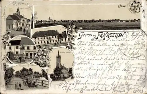 Litho Fehrbellin in Brandenburg, Kath. Kirche, Schule, Kriegerdenkmal, Ev. Kirche